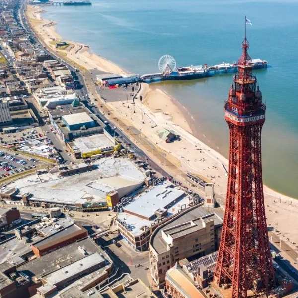 Blackpool Tower by air - showing the nearby buildings and promenade close to Viva Blackpool