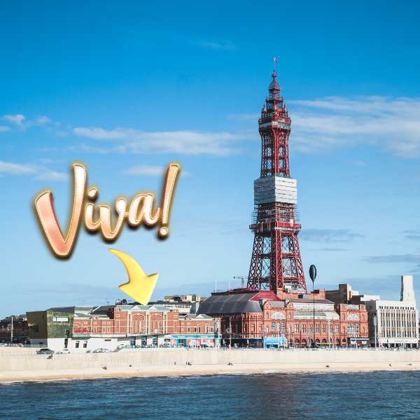 Photograph of Blackpool promenade and Blackpool Tower from North Pier showing the location of Viva Blackpool